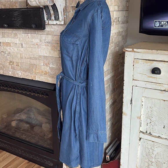 Lily Sky dark denim chambray dress button down tie waist long sleeve - Picture 6 of 16